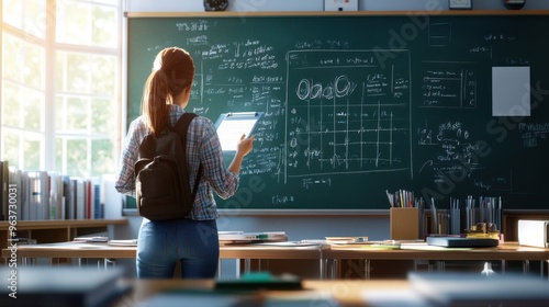 Student Studying in a Classroom with a Blackboard Covered in Equations and Diagrams