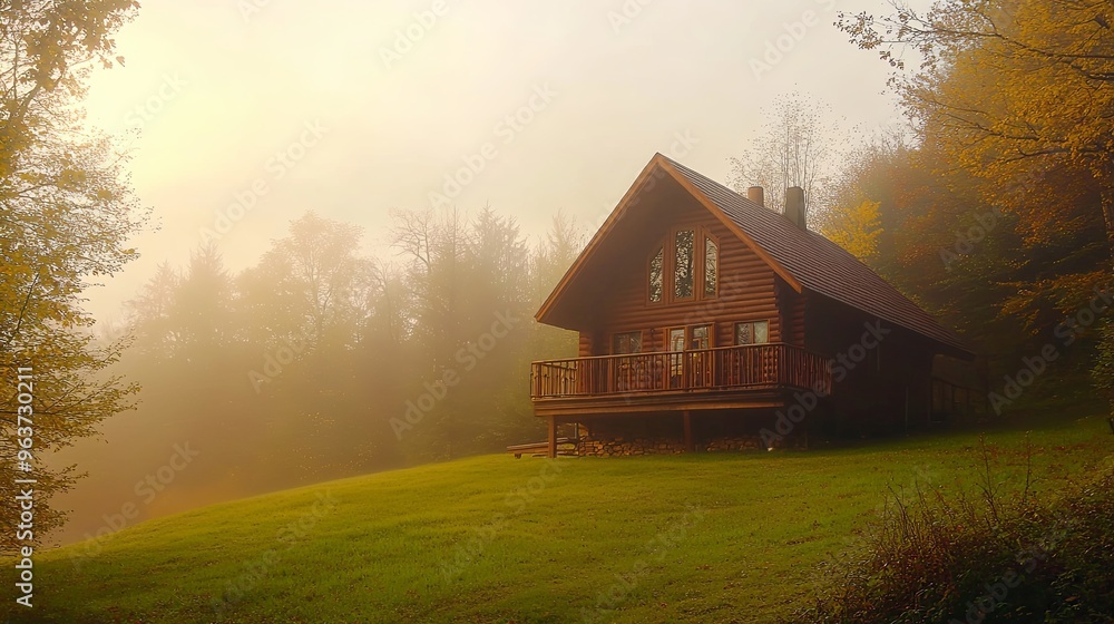 Fototapeta premium A serene sunlit cabin nestled in mysterious woodlands enveloped by a foggy morning atmosphere. The tranquil landscape captures the peacefulness of nature with soft light filtering through the trees