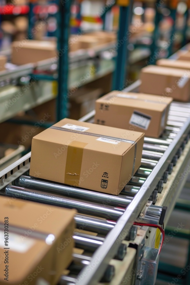 Industrial setting with moving boxes and machinery Industrial setting with moving boxes and machinery
