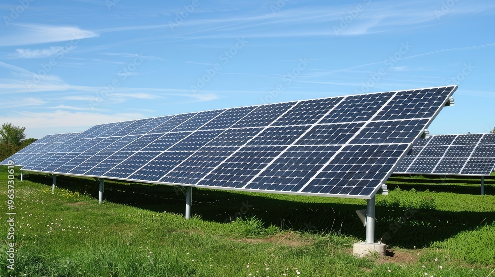 Solar Panels in a Bright Green Field Under Blue Sky Solar Panels in a Bright Green Field Under Blue Sky
