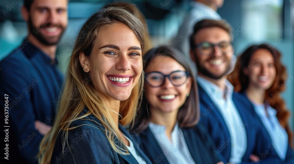 A row of suits and ties gathered outside an office building, possibly awaiting a meeting or presentation
