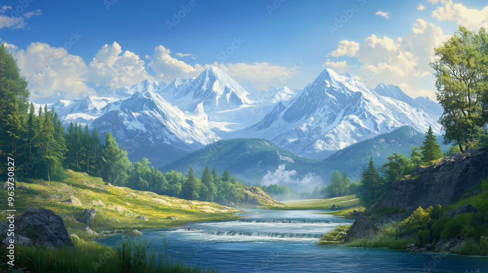 Snow-Capped Majestic Mountain Range with Serene Valley and Flowing River - Breathtaking Landscape Photography Snow-Capped Majestic Mountain Range with Serene Valley and Flowing River - Breathtaking Landscape Photography