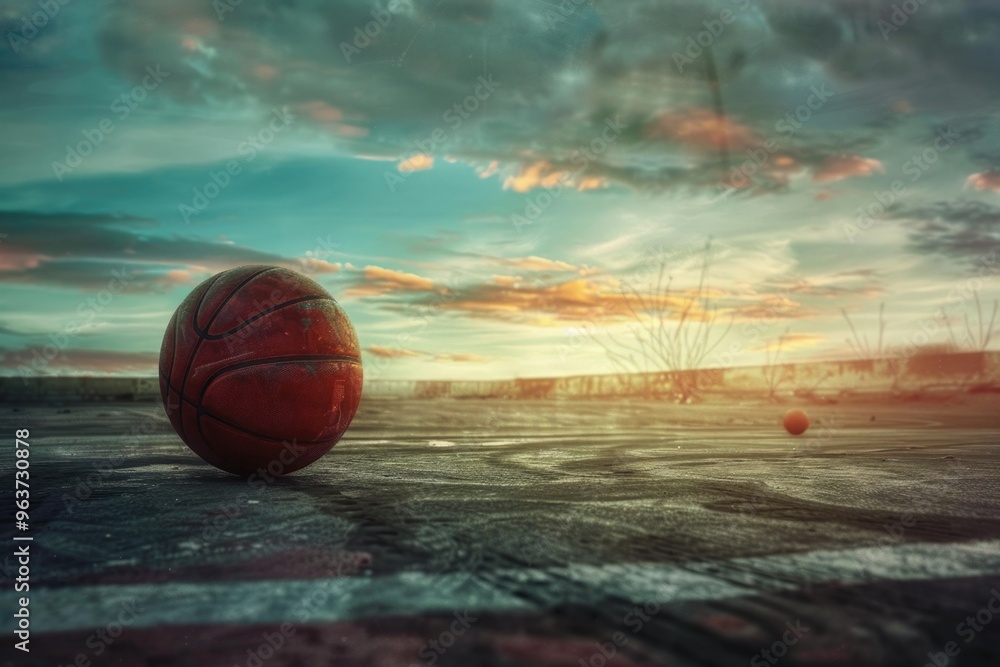 A basketball ball sits on a plain cement surface, ready for play or practice A basketball ball sits on a plain cement surface, ready for play or practice