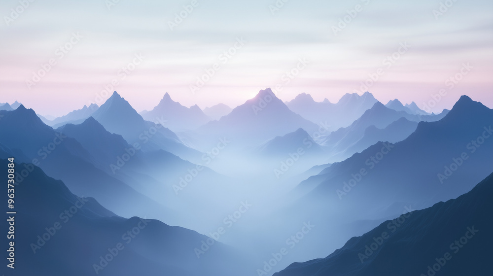 Serene Misty Mountain Range at Dawn: Soft Fog and Ethereal Blue, Grey, and Lavender Gradients Serene Misty Mountain Range at Dawn: Soft Fog and Ethereal Blue, Grey, and Lavender Gradients
