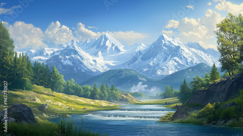 Snow-Capped Majestic Mountain Range with Serene Valley and Flowing River - Breathtaking Landscape Photography