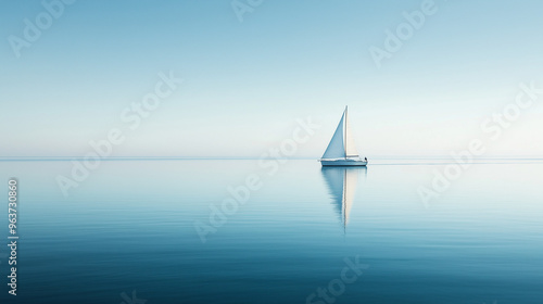 Serene Minimalistic Sailboat on Calm Sea with Soft Reflections and Clear Blue Sky