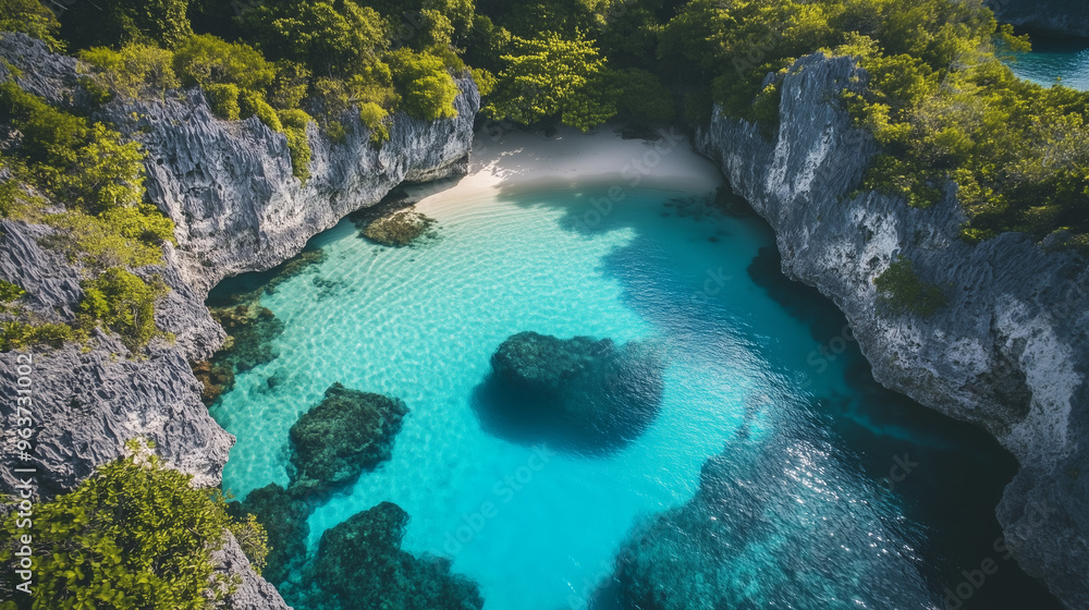 Breathtaking Aerial View of a Secluded Turquoise Lagoon Surrounded by Dramatic Rock Formations and Lush Tropical Vegetation with Crystal-Clear Water Reflecting the Sky Breathtaking Aerial View of a Secluded Turquoise Lagoon Surrounded by Dramatic Rock Formations and Lush Tropical Vegetation with Crystal-Clear Water Reflecting the Sky