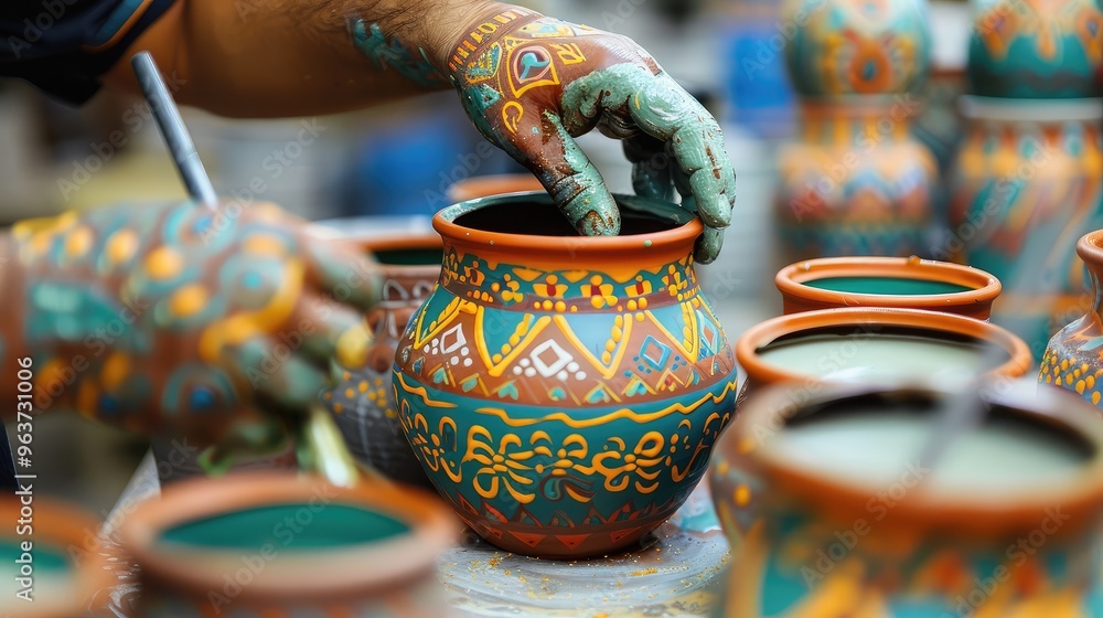 Artisan Hand-Painted Pottery in a Traditional Workshop Artisan Hand-Painted Pottery in a Traditional Workshop