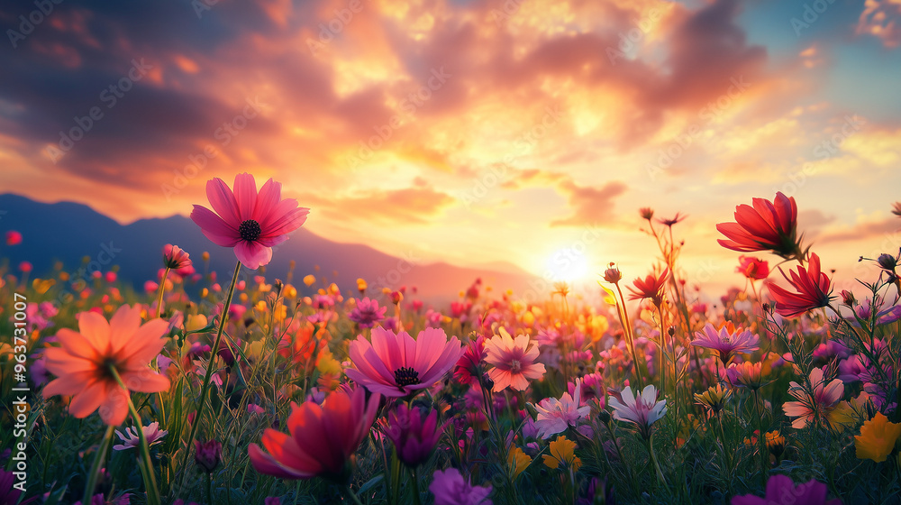 Exotic Blooming Flower Field at Sunrise: Vibrant Colors and Intricate Details Under Dramatic Sky Exotic Blooming Flower Field at Sunrise: Vibrant Colors and Intricate Details Under Dramatic Sky