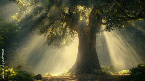 Majestic Giant Sequoia Tree in Ethereal Mist with Sunlight Beams – Awe-Inspiring Nature Scene