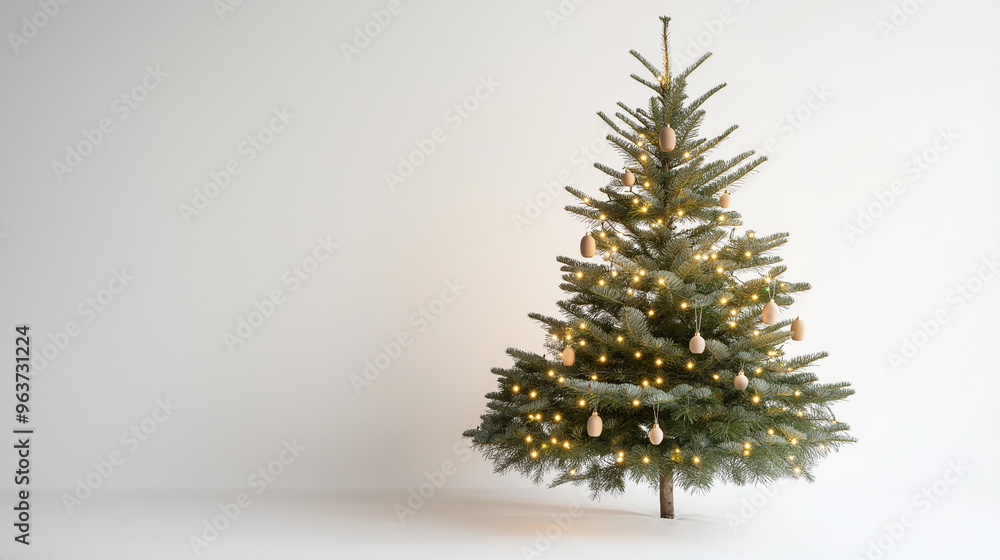 a small christmas tree decorated with handmade wooden ornaments and fairy lights against an isolated white background a small christmas tree decorated with handmade wooden ornaments and fairy lights against an isolated white background