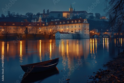 A small boat sits peacefully in calm water, perfect for serene scenes or minimalistic designs