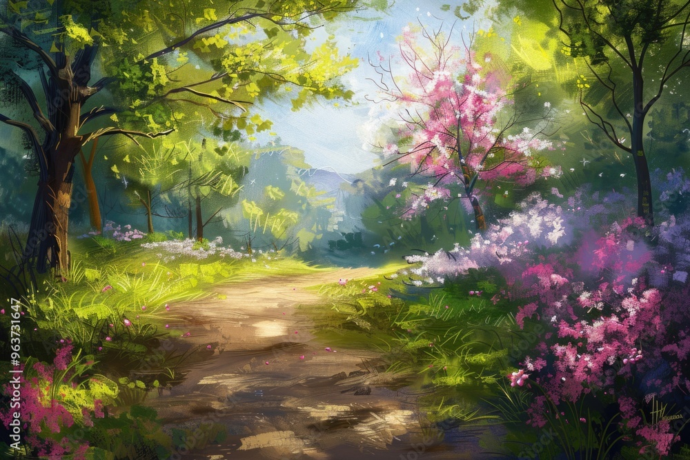 Fototapeta premium A serene and peaceful forest path surrounded by lush greenery