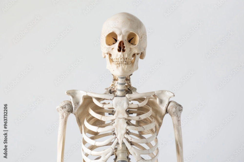 A skeleton stands against a plain white background, great for Halloween or horror-themed designs A skeleton stands against a plain white background, great for Halloween or horror-themed designs