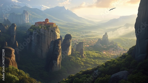 Stunning Remote Cliffs with Ancient Monasteries on Towering Rock Formations, Bathed in Soft Morning Light, Surrounded by Lush Forest and Serene Valleys