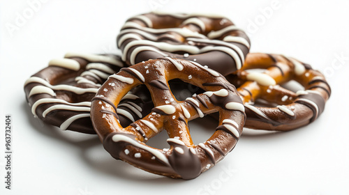 chocolate-covered pretzels with white and dark chocolate drizzles against an isolated white background