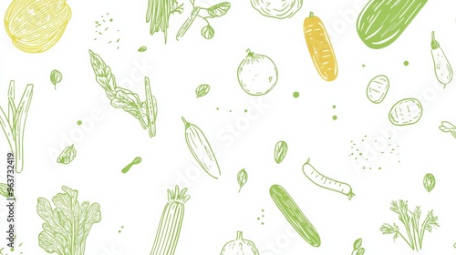 Seamless Vector Graphic Design of Vegetables on White Background with Green Lines