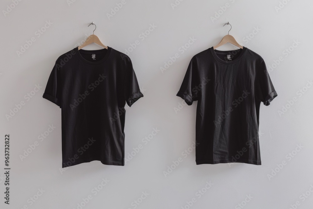 Two black shirts hang from a white wall, a simple yet striking scene Two black shirts hang from a white wall, a simple yet striking scene
