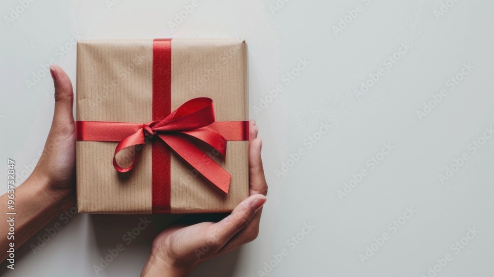 A person holding a brown box tied with a red ribbon, perfect for gifts or presents A person holding a brown box tied with a red ribbon, perfect for gifts or presents