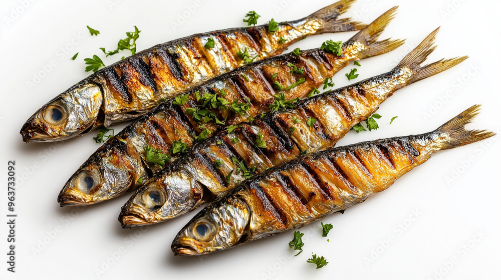 grilled sardines with charred skin and herbs against an isolated white background grilled sardines with charred skin and herbs against an isolated white background