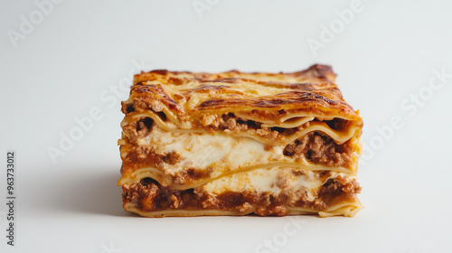 lasagna with layers of pasta, meat sauce, bã©chamel, and melted cheese against an isolated white background photo