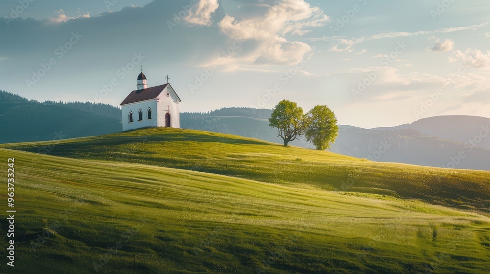 Serene Country Chapel Surrounded by Lush Green Fields Serene Country Chapel Surrounded by Lush Green Fields