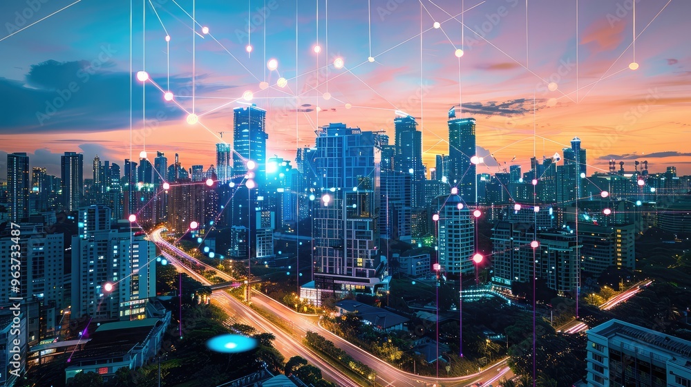 custom made wallpaper toronto digitalFuturistic Smart City Skyline at Sunset with Digital Network