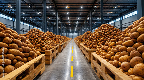 a vast potato storage facility with mountains of potatoes ready for processing