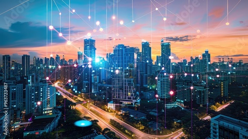 Wallpaper Mural Futuristic Smart City Skyline at Sunset with Digital Network Torontodigital.ca