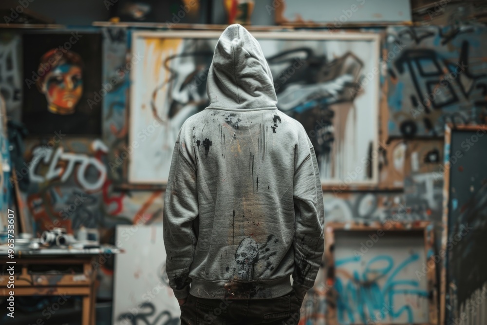 Naklejka premium A person wearing a hoodie stands in front of urban artwork on walls