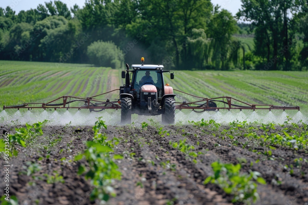 Agricultural equipment working in the open field with a sprayer Agricultural equipment working in the open field with a sprayer