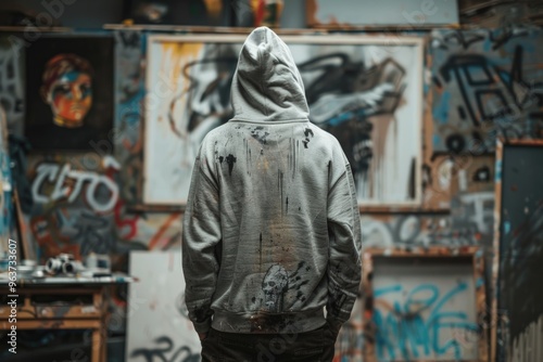 A person wearing a hoodie stands in front of urban artwork on walls