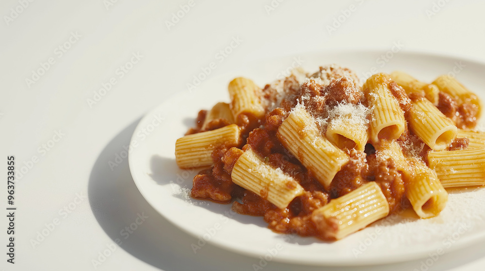 rigatoni with beef ragu with a rich tomato-based meat sauce and grated parmesan against an isolated white background rigatoni with beef ragu with a rich tomato-based meat sauce and grated parmesan against an isolated white background