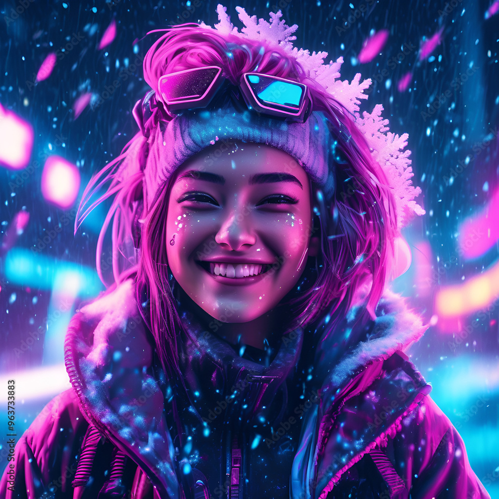 portrait of a girl under snow neon art portrait of a girl under snow neon art