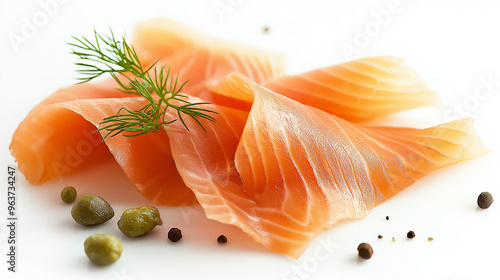 smoked salmon slices with a sprig of dill and capers against an isolated white background