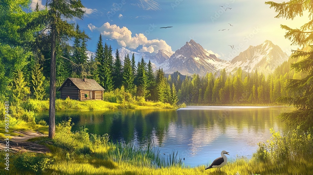 Fototapeta premium Serene lush summer landscape featuring a peaceful lake and a sunlit cabin surrounded by vibrant greenery. The tranquil scene captures the essence of nature's beauty with clear reflections on the water