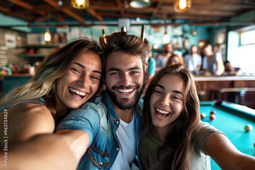 Group of friends posing for a photo near a pool table, a fun and lively scene Group of friends posing for a photo near a pool table, a fun and lively scene