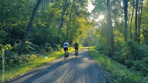 Morning Cyclists Riding Through a Scenic Forest Path