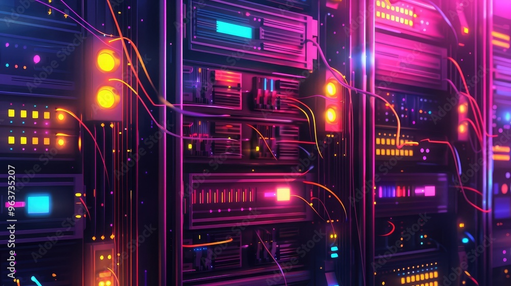 Colorful Data Center Server Racks with Neon Lights Colorful Data Center Server Racks with Neon Lights