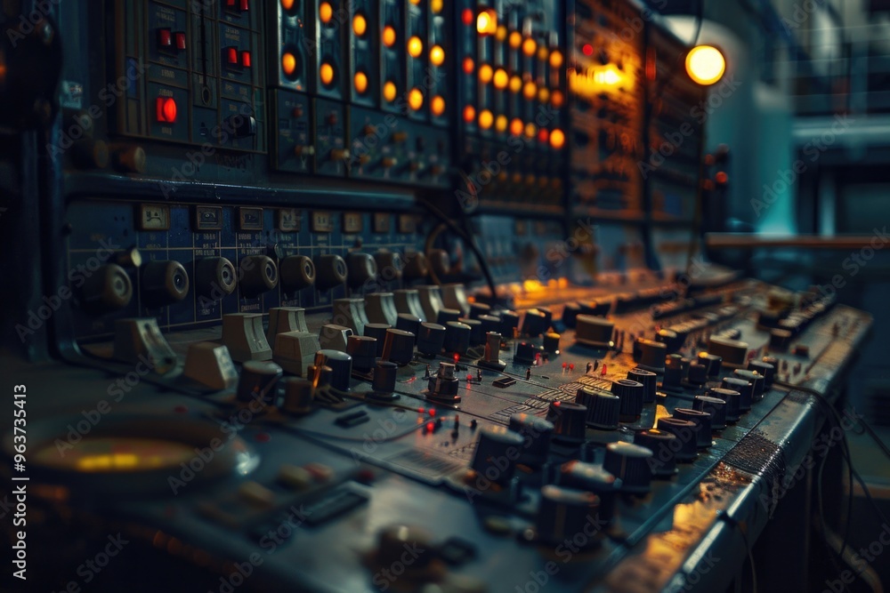 A close-up shot of a control panel in a building, featuring various buttons and screens A close-up shot of a control panel in a building, featuring various buttons and screens