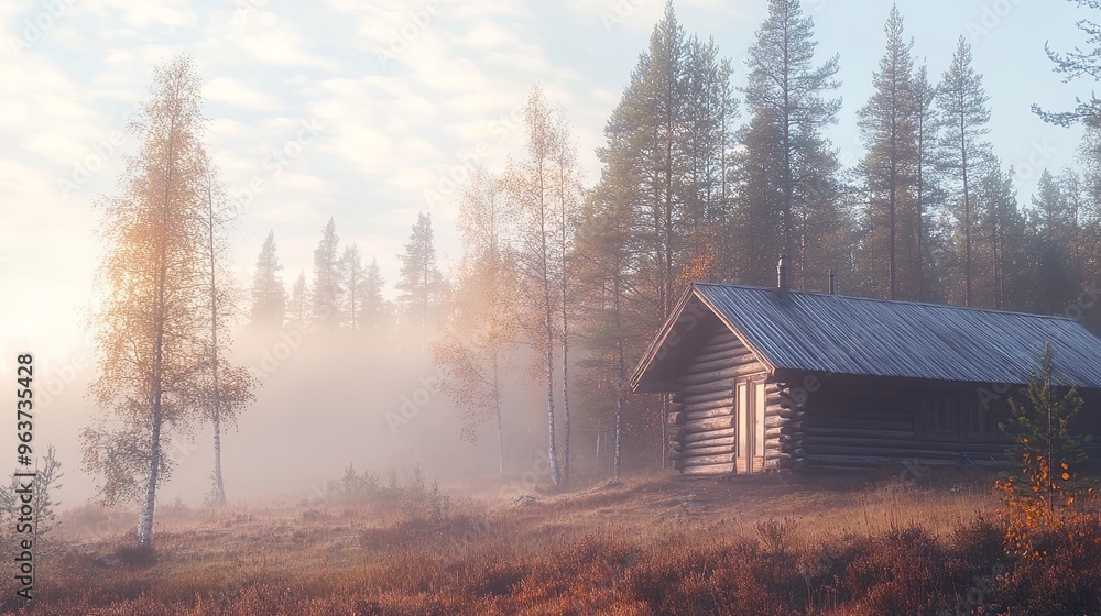 A misty autumn morning in a serene forest with soft fog enveloping the landscape, highlighting a sunlit cabin. The tranquil scene combines natural beauty and peaceful ambiance A misty autumn morning in a serene forest with soft fog enveloping the landscape, highlighting a sunlit cabin. The tranquil scene combines natural beauty and peaceful ambiance
