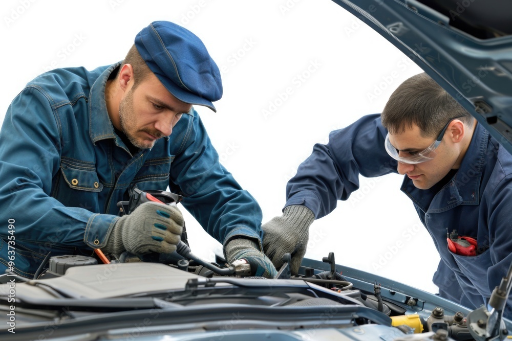 Two mechanics working on a car engine, tools and parts scattered around Two mechanics working on a car engine, tools and parts scattered around