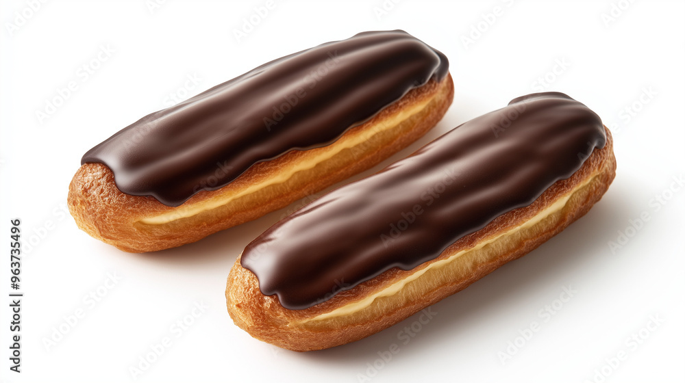 two eclair with glossy chocolate glaze and creamy filling visible at the ends against an isolated white background two eclair with glossy chocolate glaze and creamy filling visible at the ends against an isolated white background