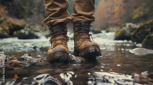 A person stands on a rock in the middle of a flowing river, with water and surrounding landscape visible