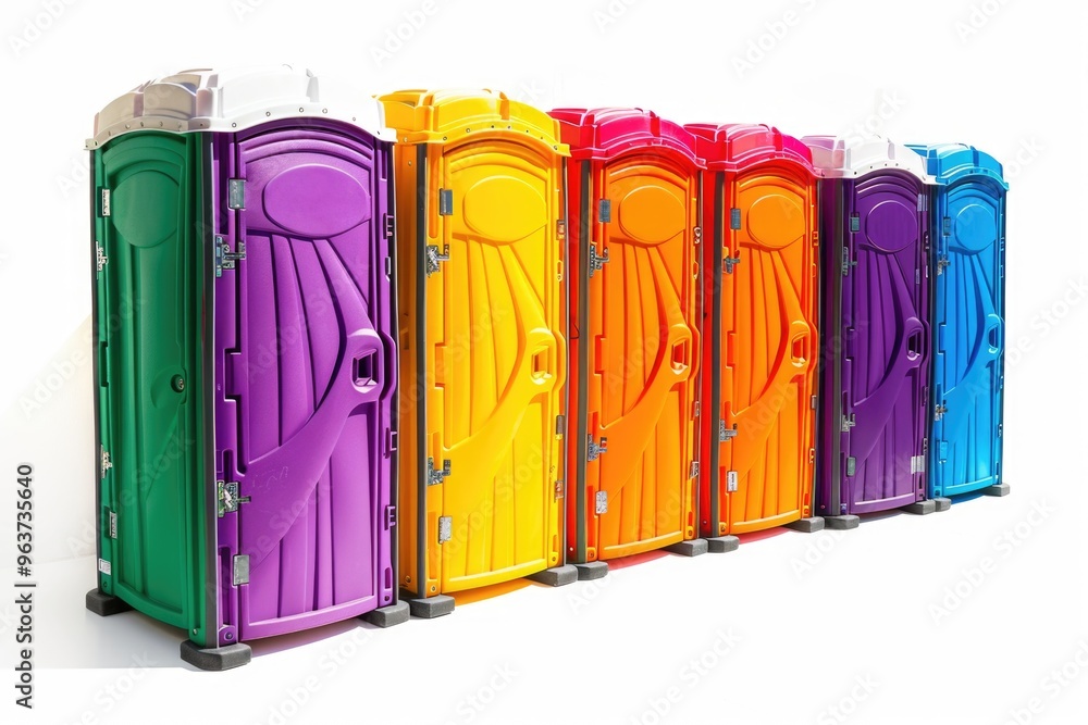 Row of portable toilets against a white wall, suitable for construction or event use Row of portable toilets against a white wall, suitable for construction or event use