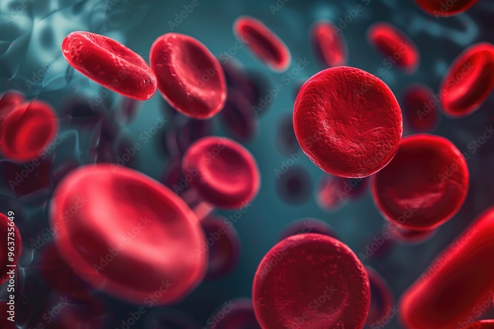 Fototapeta premium A close-up image of red blood cells flowing through a vein, highlighting their unique shape and movement