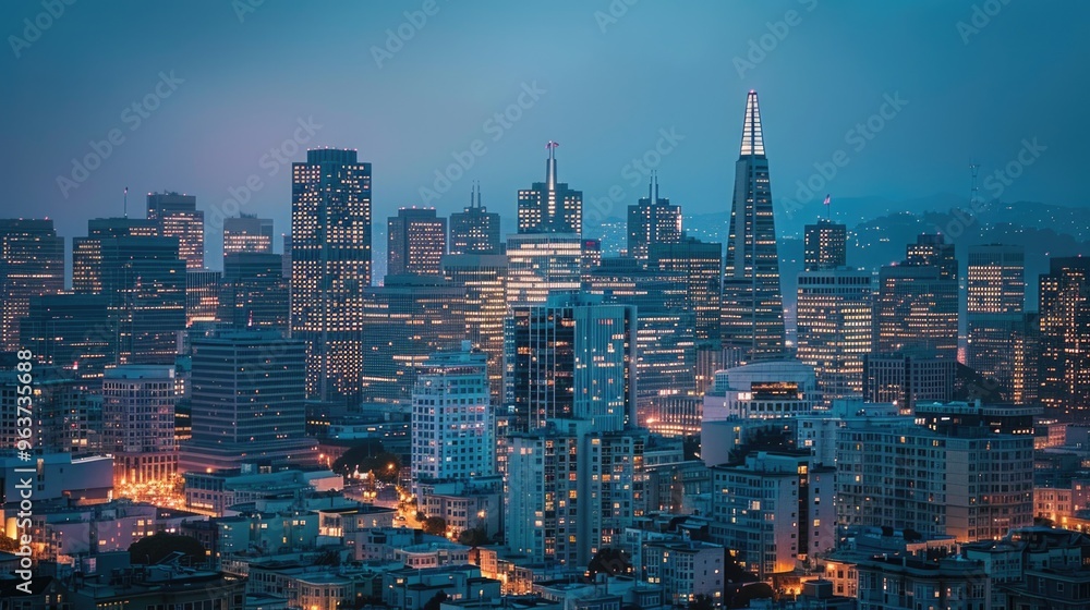 Obraz premium Nighttime city view from a hill, with buildings and streets lit up