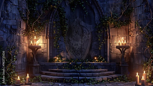 Medieval Product Display Featuring a Stone Podium and Ancient Castle Walls Surrounded by Ivy and Torches Creating a Historical Ambiance and Vintage Atmosphere photo