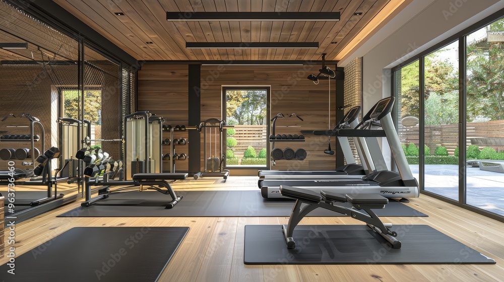 Fototapeta premium Contemporary Home Gym Design with Natural Light and Elegant Décor