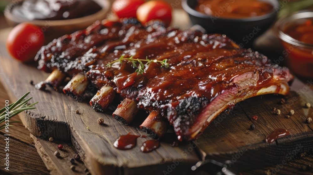 Savory Barbecue Ribs Glazed with Rich Sauce on Wooden Platter Savory Barbecue Ribs Glazed with Rich Sauce on Wooden Platter